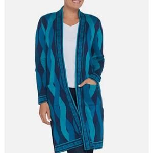 Isaac Mizrahi Live! Geo Cable Jacquard Knit Duster Cardigan, Blue
